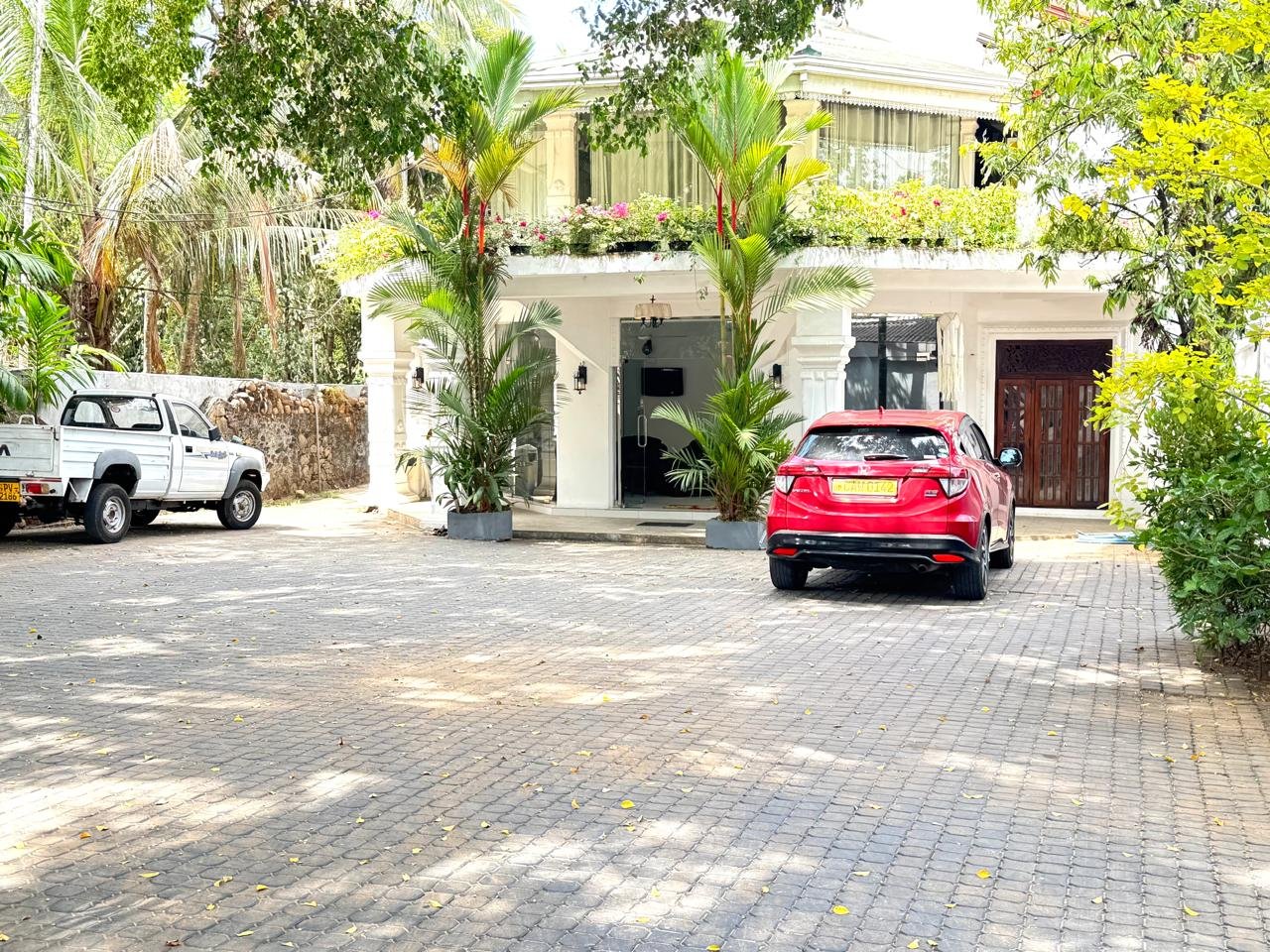 Warm hotel entrance with tropical surroundings