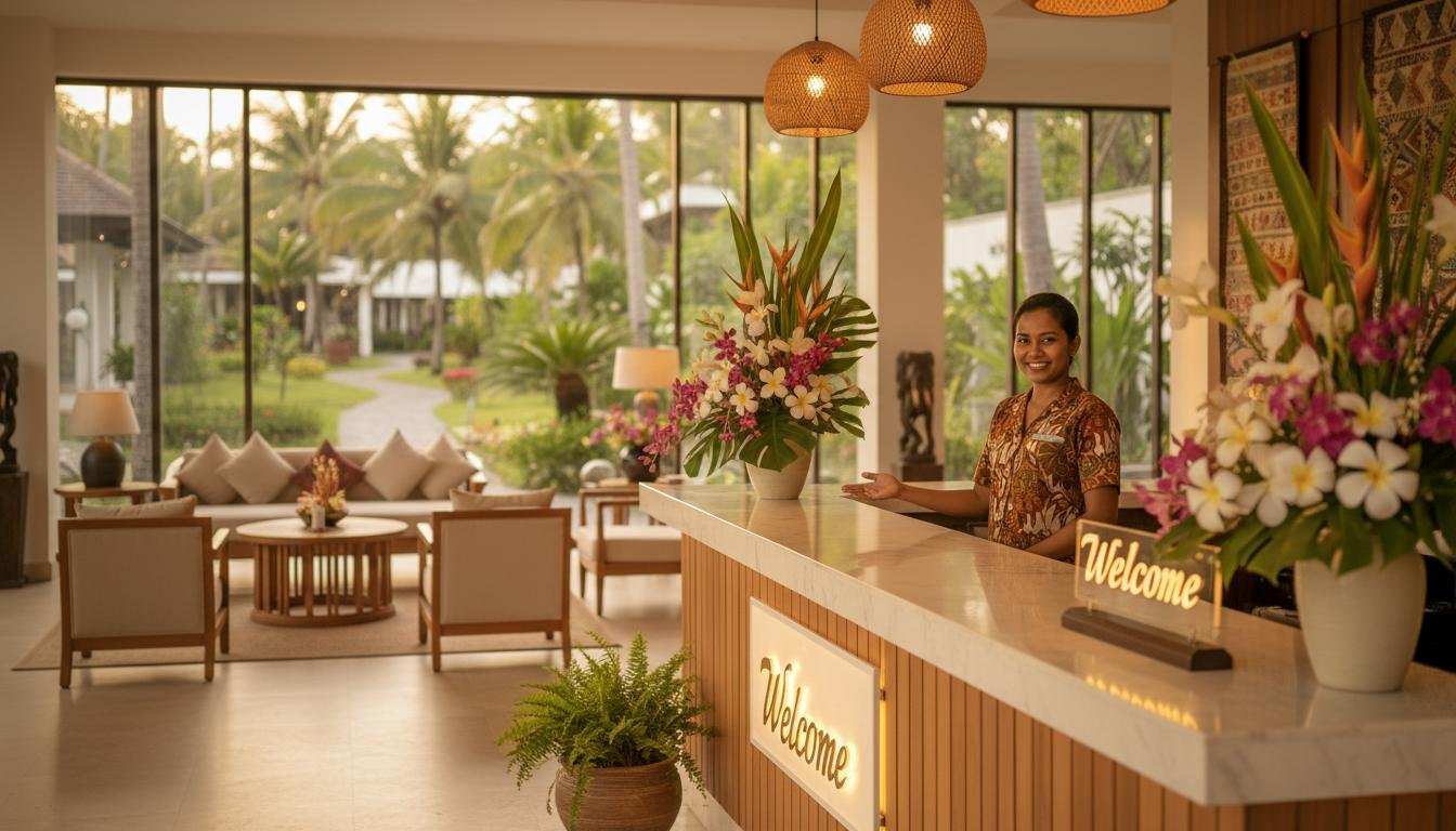 Warm hotel reception desk with friendly staff