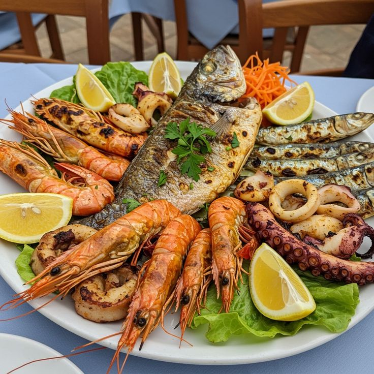 Fresh seafood platter with grilled fish and prawns