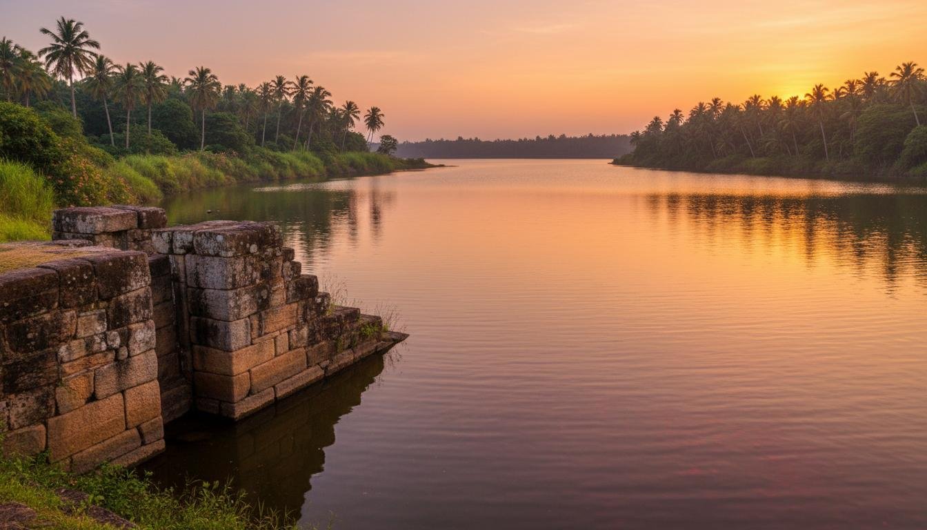 Ancient Sorabora Wewa reservoir at golden hour