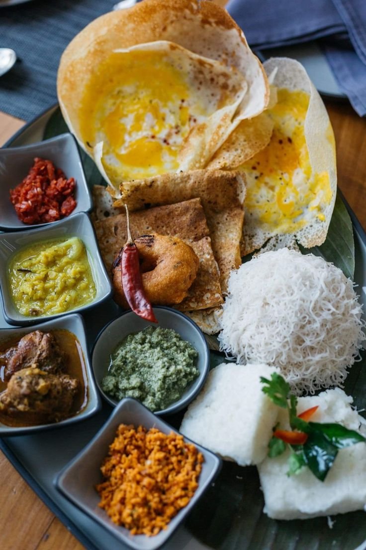Sri Lankan rice and curry spread at dining table